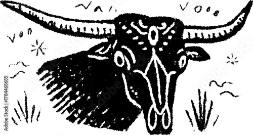 Cow head vector illustration in black and white. This graphic captures the essence of rural life, providing a unique visual centered on wildlife.