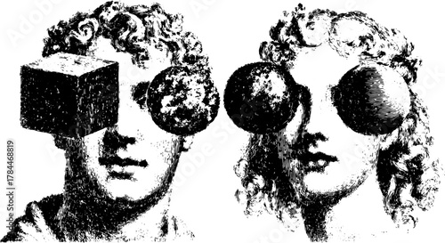 Engravings of faces with geometric objects. Vintage black and white vector illustration, showcasing abstract forms in a classic design set.