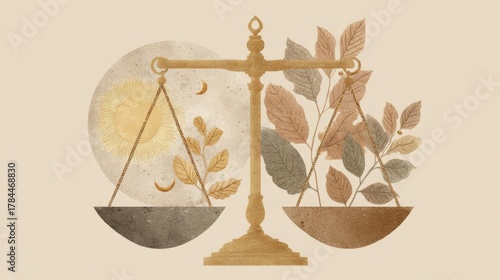 Illustration of a balance scale with two bowls on either side. the balance scale is made of gold-colored metal and has a handle on top.