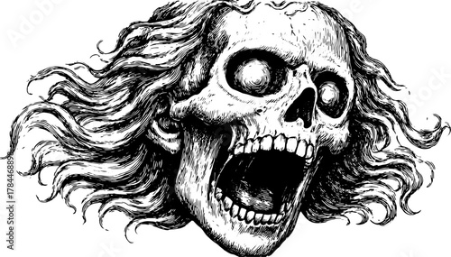 Skull illustration. Vintage line art engraving in black and white, featuring intricate details in a retro style vector set.