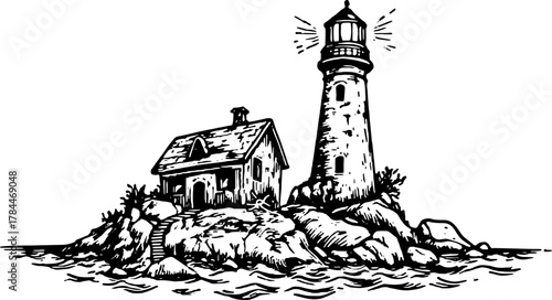 Lighthouse and house on rocky shores. Vintage vector illustration capturing a serene coastal landscape with detailed lines.