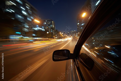 Nighttime shot from inside of a moving vehicle, showing blurred city lights and a long road