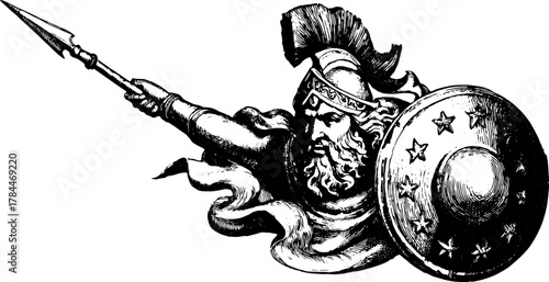 Vintage engraving of a warrior wielding a spear and shield. This detailed set showcases heroism and craftsmanship in an ancient style vector illustration.