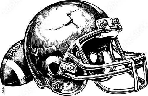 Engraved football helmet and ball illustration. Vintage line drawing vector set showcasing sport equipment in black and white.