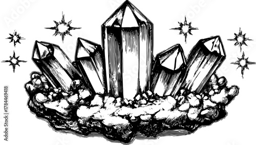 Crystals vector illustration in vintage engraving style. Detailed line drawing featuring natural elements and geometric shapes in a set.