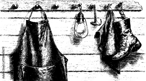 Engraving of work equipment: an apron, hooks, and boots hanging. Features a lightbulb in a vintage style, showcasing a vector illustration set.