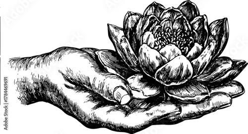 Hand holding a lotus flower in vintage sketch style. Botanical monochrome vector illustration with engraved detail.