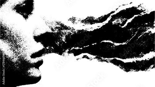 Artistic illustration of breath in black and white. Dynamic lines create a visual representation, showcasing motion in a detailed vector format.