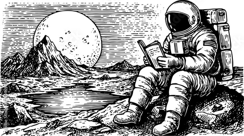 Astronaut reading a book on the moon. Black and white vector illustration showcases mountains and the earth in the background, highlighting the cosmic landscape.
