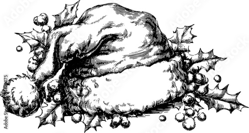 Santa hat with holly leaves and ornamental details. Classic black and white vector illustration with a traditional design.