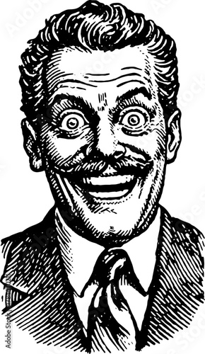 Vintage illustration of a smiling man in black and white. Expressive graphic character in this vector set.