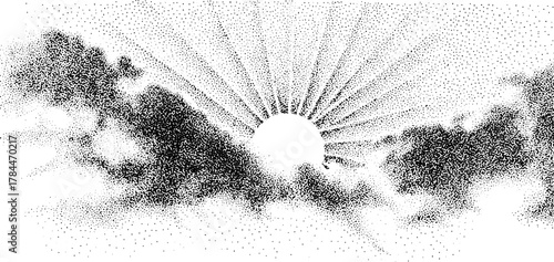 Sunlight rays emerge from clouds in a minimal vector illustration. Abstract design featuring black and white tones creates a tranquil visual.