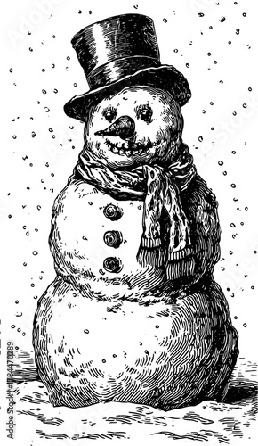 Vintage snowman illustration with a black and white outline. Classic vector artwork featuring a hat and scarf, perfect for winter scenes.