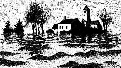 Engraving of a flooded landscape. Features silhouette of a house amidst water and trees, showcasing a vintage vector illustration.