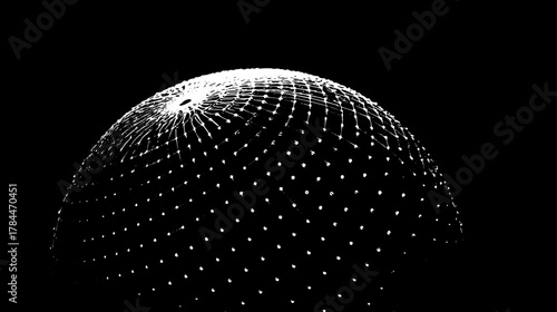 Geometric sphere mesh in black and white pattern, showcasing modern design. This 3D vector illustration highlights dynamic lines and connections.
