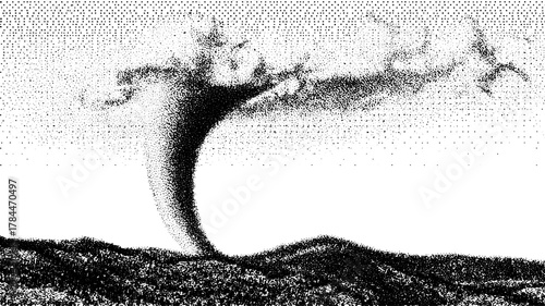 Engraving of a landscape with a silhouette cloud. This vector illustration features stippled line work and black detail, creating a striking monochrome set.