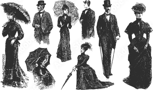 Vintage engravings of elegant fashion figures, showcasing a set of ladies and gentlemen with detailed outfits. This vector illustration exhibits a retro style.