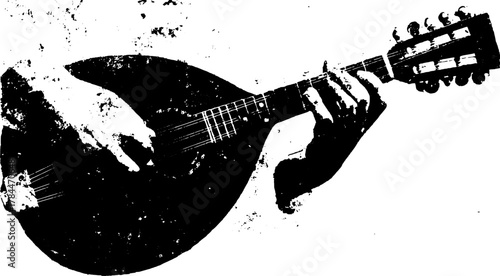 Mandolin instrument in black and white graphic style. A simple vector illustration featuring a hand strumming the strings, showcasing a flat design.