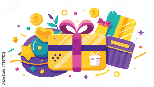 gift card and a decorated gift box with stars, set against a simple background, conveying a festive theme..eps