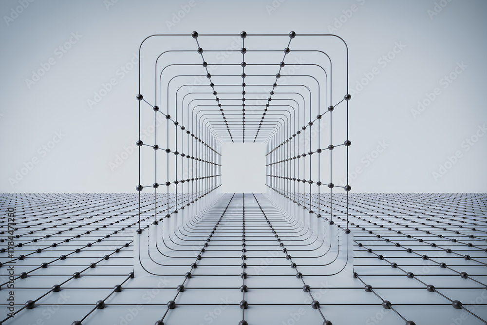 Fototapeta premium Geometric lattice pattern abstract architecture metal grid minimal design perspective symmetry futuristic tunnel clean lines modern structure steel frame depth illusion