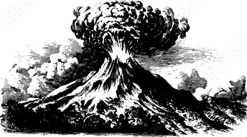 Volcano eruption engraving showcasing a black and white illustration of smoke and lava against a vintage landscape. Vector art in set form.