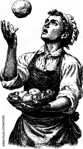 Engraving of a female juggling fruits in a basket. Vintage style illustration emphasizing culinary skills, set in a historical kitchen. Vector illustration.