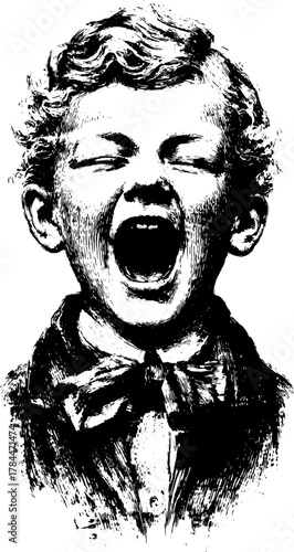 Illustration of a boy with a loud scream. This vintage black and white hand-drawn vector set captures a classic profile character in an expressive pose.