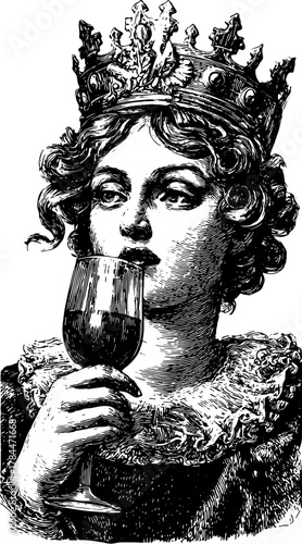 Engraving of an elegant woman holding a glass. The vintage illustration features intricate details of her crown and attire in a classic style, vector art.