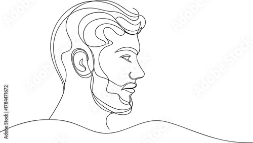 Single line drawing of a man's profile with beard face