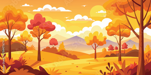 Autumn landscape vector illustration background with trees and mountains in warm colors design
