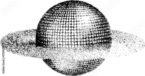 Geometric sphere with a ring in monochrome dotted style. Abstract vector illustration showcasing minimal design and graphics.