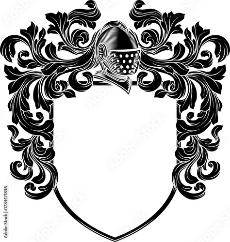 Coat of arms crest knight family medieval shield heraldry heraldic armorial motif. Featuring a knights helm helmet in a vintage etching engraving woodcut style 
