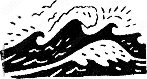 Stylized wave silhouette in black line drawing. Simple vector illustration depicting ocean motion and marine scenery.