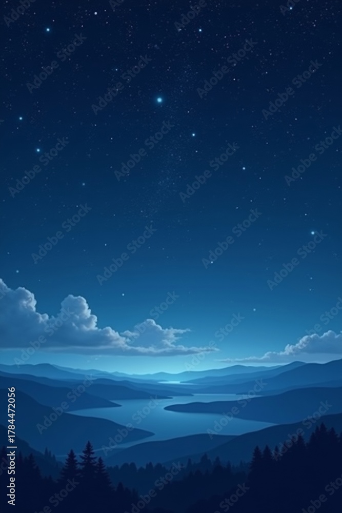 Fototapeta premium Scenic night view of mountains, lake, and starry sky with clouds in blue tones