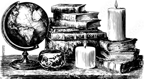 Antique engravings featuring a globe, books, and candles. Detailed vintage vector illustration set, showcasing classic decor.