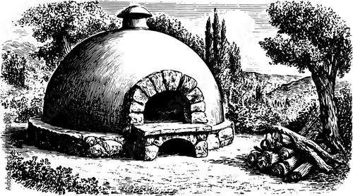 Antique stone oven surrounded by trees and wood. A vintage illustration depicting a traditional kitchen set in a rural landscape, vector style.