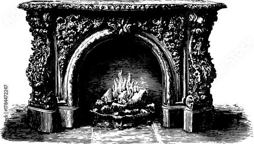 Vintage fireplace engraving with ornate design. Detailed vector illustration depicting classic architecture elements in a stylish format.