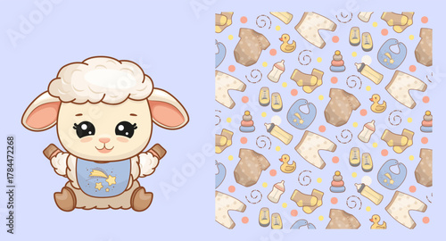 Cute Lamb with Baby Items Pattern Vector Illustration