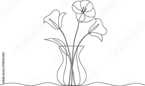Black outline of three flowers in a vase black and white