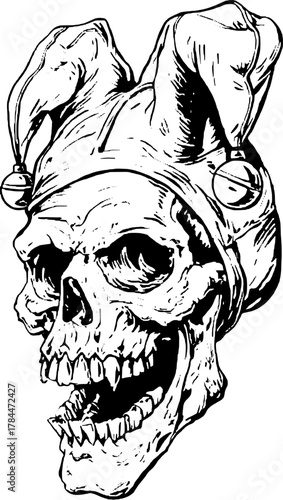 Creepy skull wearing a jester hat with jingle bells. This monochrome vector illustration features a humorous expression in a graphic style.