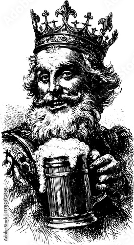 King with crown holding a beer mug in an antique vector illustration style. Detailed black and white set showcasing a historical character.
