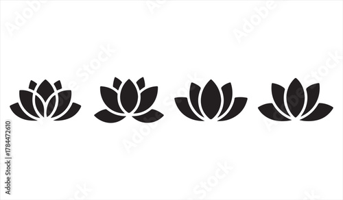 Set of simple black lotus flower graphics symbolizing calmness, peace, and harmony