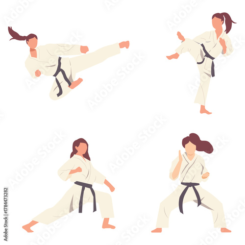 Collection of illustrations of women's karate moves. Stock Illustration