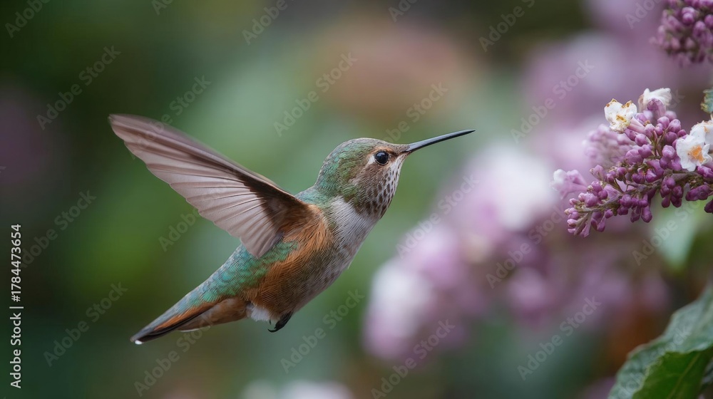 Fototapeta premium Close-up of a hummingbird hovering near a cluster of purple flowers. the hummingbird is in mid-flight, with its wings spread wide and its body slightly tilted to the side.