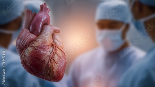A human heart is showcased against a blurred background of surgeons emphasizing vital medical care surgical precision and the essence of life