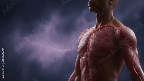 Muscular male torso with visible veins and arteries against a dramatic stormy sky with lightning