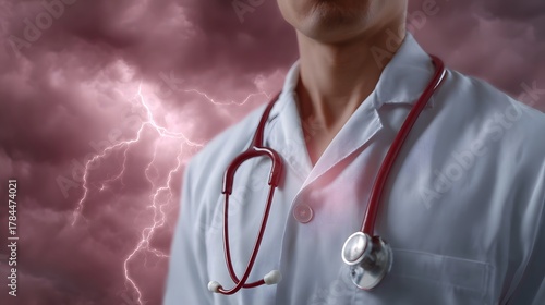 Doctor in medical coat with stethoscope facing dramatic lightning storm symbolizing resilience and strength in medical crisis