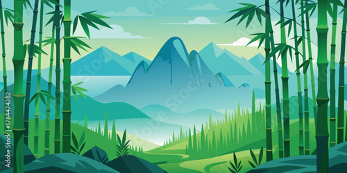 Green bamboo forest landscape vector illustration mountain scenery nature background design art
