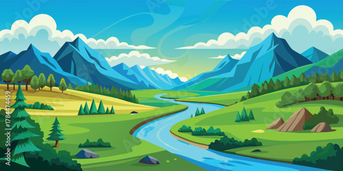 Cartoon landscape vector background with mountains river trees and sky for graphic design art
