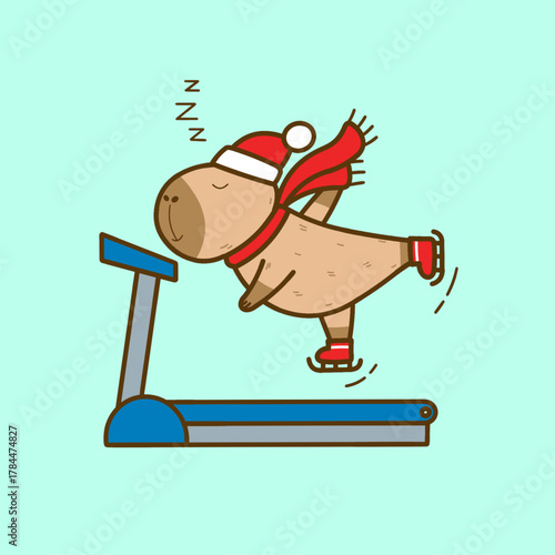 Cute Sleepwalking Capybara with Ski and Christmas Outfit on a Treadmill – Vector Illustration
